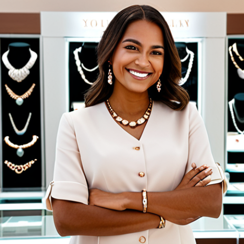 **

"A woman with warm, tan skin smiling confidently, wearing a modest, stylish outfit with a two-tone necklace featuring white and rose gold elements. She is in a brightly lit jewelry store with display cases in the background. Fully clothed, appropriate attire, safe for work, professional setting, perfect anatomy, natural proportions, high quality, family-friendly."

**