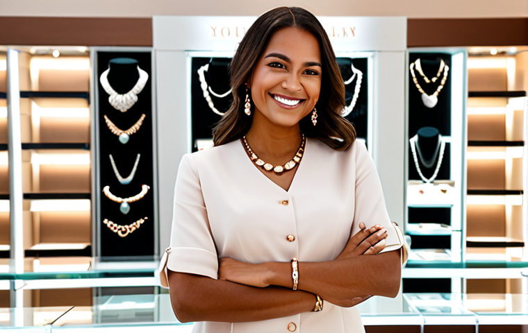 **

"A woman with warm, tan skin smiling confidently, wearing a modest, stylish outfit with a two-tone necklace featuring white and rose gold elements. She is in a brightly lit jewelry store with display cases in the background. Fully clothed, appropriate attire, safe for work, professional setting, perfect anatomy, natural proportions, high quality, family-friendly."

**